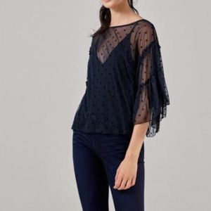 Express Black Sheer Polka Dot Bell Sleeve Top